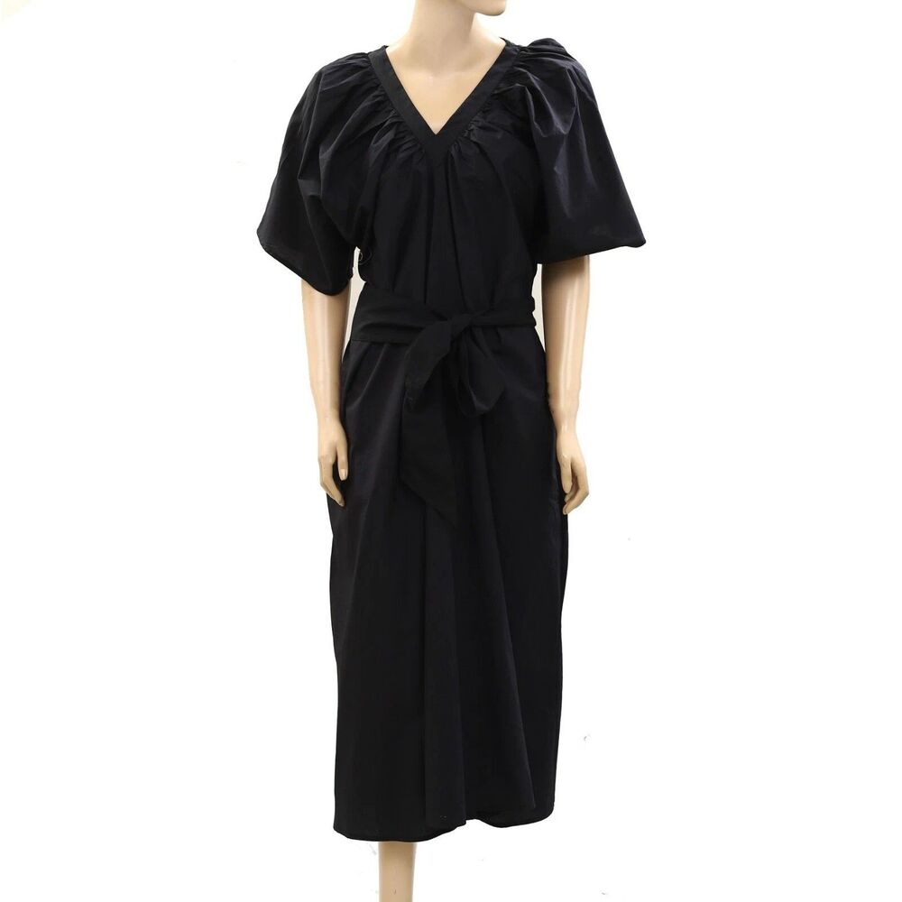 Merlette Lante Solid Midi Dress Kimono Resort Cotton Poplin Black XS 285901